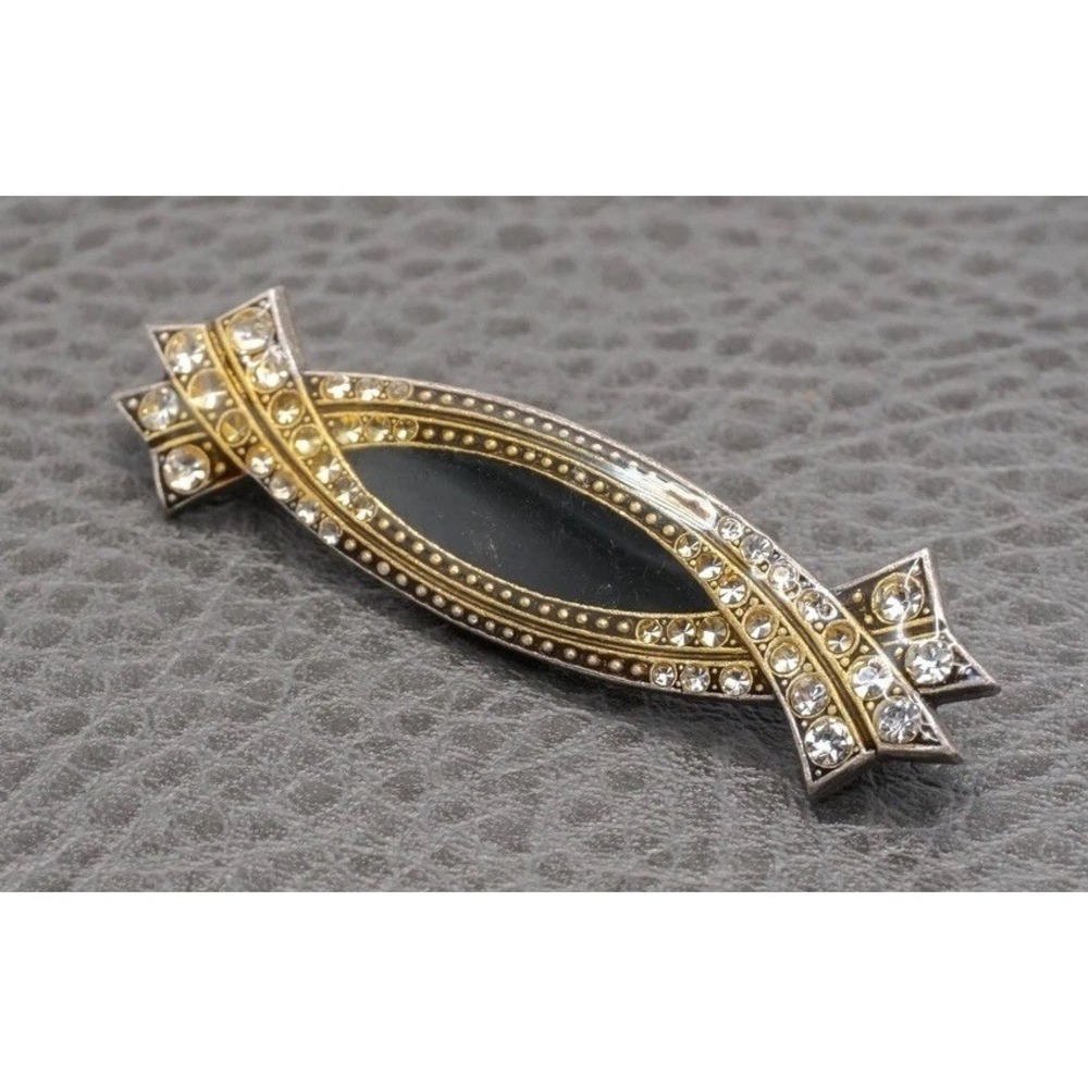 Vintage Catherine Popesco France Art Deco Style Black Enamel Rhinestone Brooch